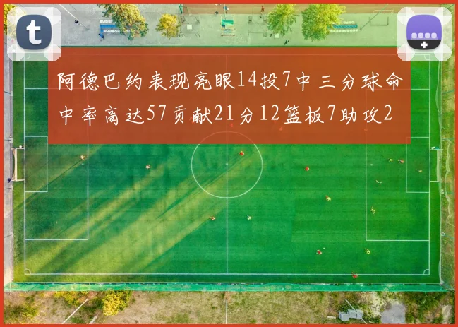 阿德巴约表现亮眼14投7中三分球命中率高达57贡献21分12篮板7助攻2抢断
